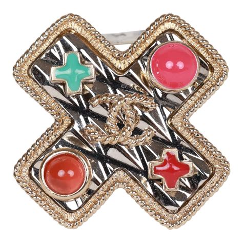 Chanel Gold CC Multicolor Gripoix Cross Ring 